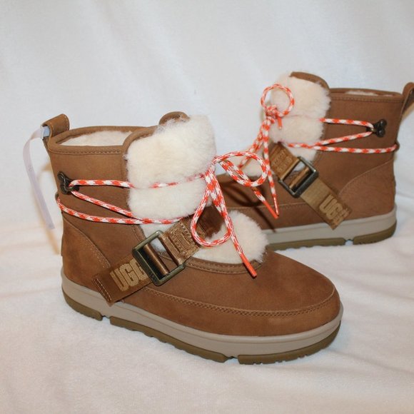 NIB UGG WOMEN'S CLASSIC SHORT SUEDE WATERPROOF‎ HIKER WINTER BOOTS CHESTNUT - Picture 1 of 8